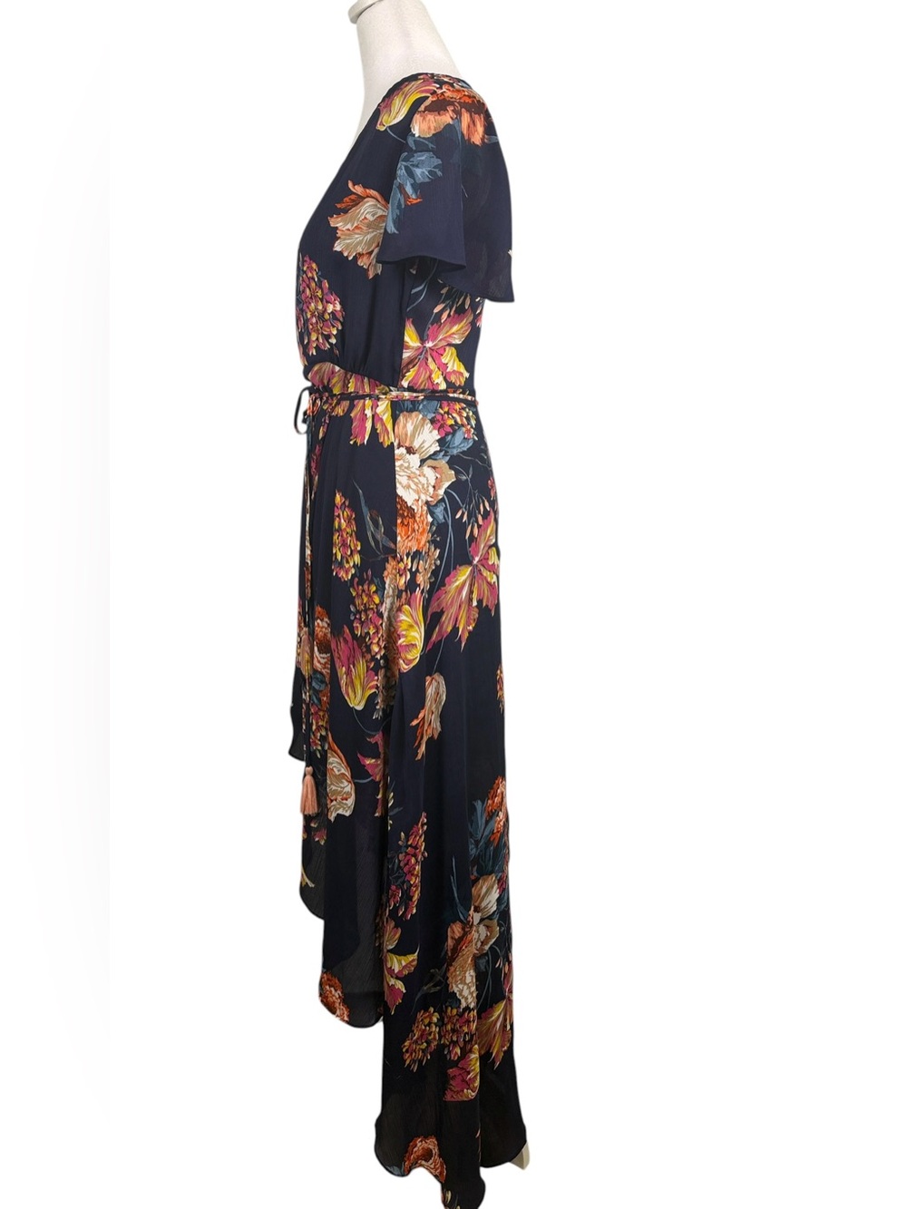 Aakaa Navy Floral High-Low Wrap Dress | Boho Fall Wedding Guest Maxi S - Picture 7 of 11
